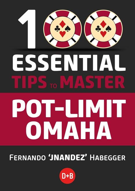 "100 Essential Tips to Master Pot-Limit Omaha" Text in kräftigen Farben, zwei Pokermarken mit Kartensymbolen.