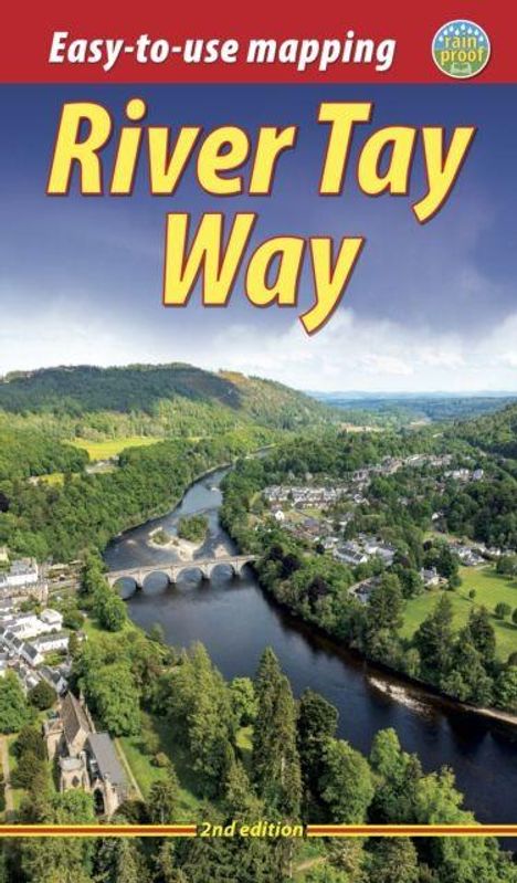 Text: "Easy-to-use mapping", "River Tay Way", "rain proof", "2nd edition". Landschaft mit Fluss und Brücke.