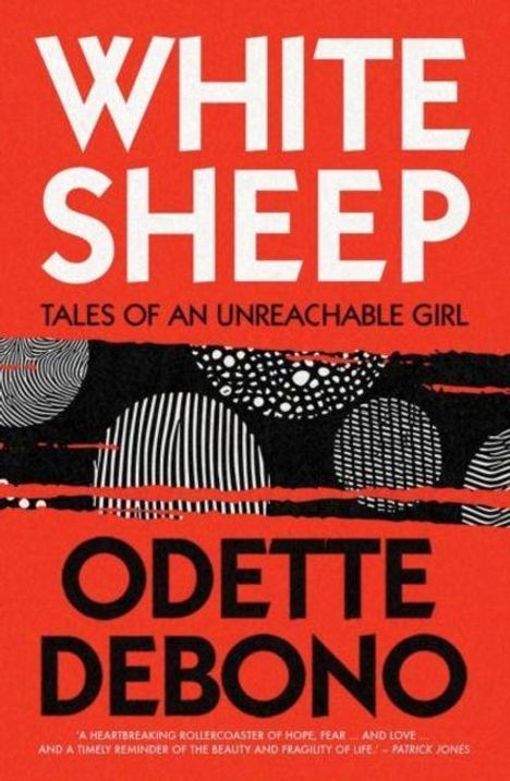 „WHITE SHEEP: Tales of an Unreachable Girl“ von Odette Debono. Roter Hintergrund, abstrakte schwarze und weiße Muster.
