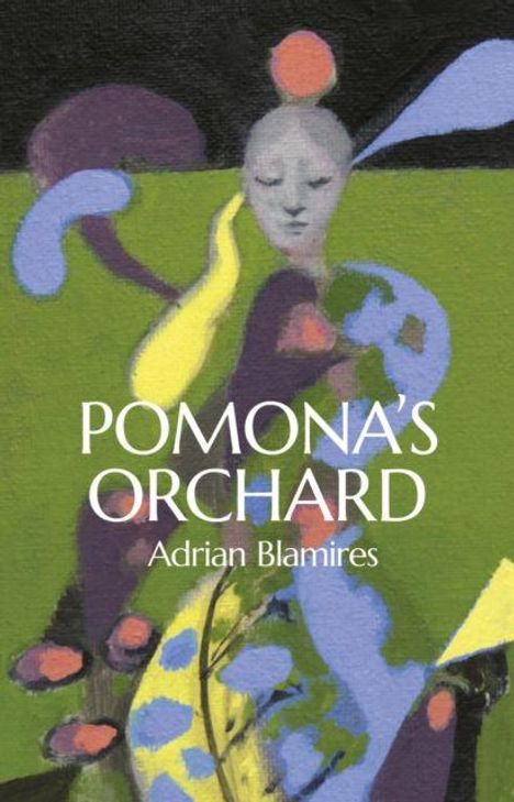 „POMONA'S ORCHARD“ Adrian Blamires. Abstraktes Gemälde einer Figur mit Gesicht, umgeben von fließenden Formen und Farben.