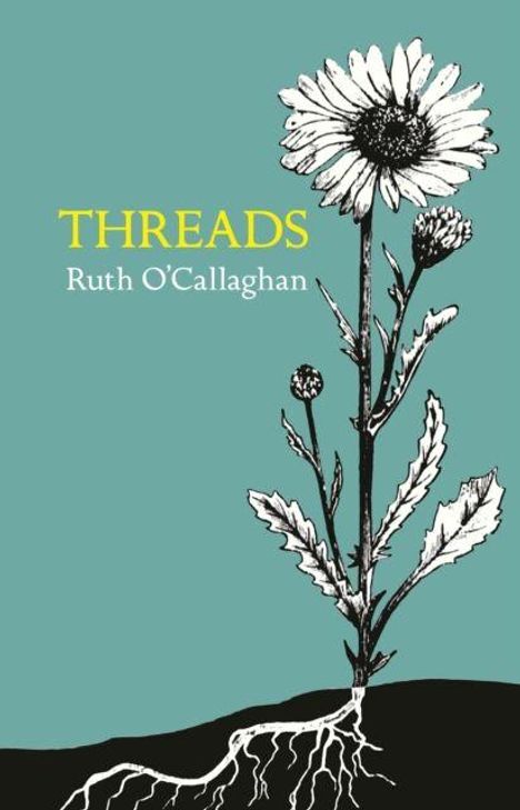 "Threads, Ruth O'Callaghan." Illustration einer Blume mit sichtbaren Wurzeln auf türkisfarbenem Hintergrund.