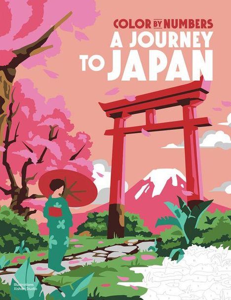 "Color by Numbers: A Journey to Japan." Illustration: Frau mit Kimono unter Kirschbaum, Torii-Tor, Berg im Hintergrund.
