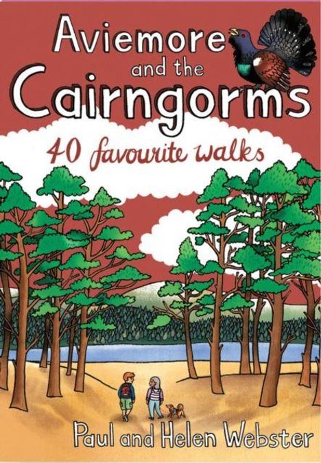 "40 favourite walks" auf rotem Himmel, Illustration: Wald, vier Personen spazieren, großer Vogel oben rechts.
