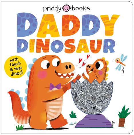 "DADDY DINOSAUR" in bunter Schrift. Ein großer Dino mit Fliege und Junges in Glitzerei, umgeben von Pflanzen und Insekten.