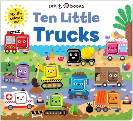 "Ten Little Trucks" in blau, bunte Cartoons von fröhlichen Fahrzeugen auf einer Straße und im Strandhintergrund.
