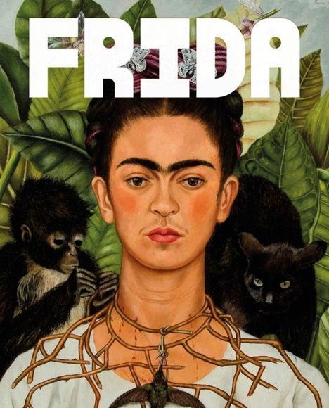 Text: "FRIDA". Eine Frau mit Pflanzen, einem Affen und einer schwarzen Katze in einer naturreichen Umgebung.