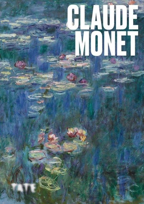 Text "CLAUDE MONET" ist groß und weiß auf einer impressionistischen Seerosen-Szene mit Blau- und Grüntönen.
