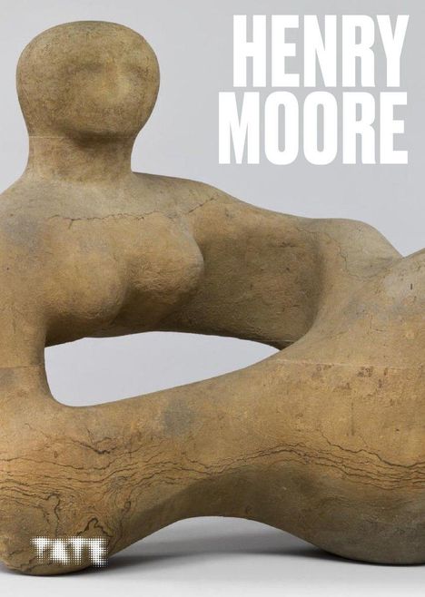 Text: "HENRY MOORE". Eine abstrakte Skulptur aus glattem, beigefarbenem Material mit geschwungenen Formen und Durchbrüchen.