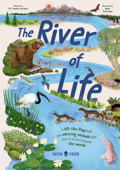 "The River of Life" und "A lift-the-flap book... around the world". Tiere an einem Fluss: Bär, Vögel, Fische, Otter.