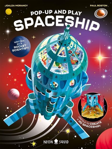 Text: "POP-UP AND PLAY SPACESHIP", "WRITTEN BY A ROCKET SCIENTIST!", "UNFOLD TO CREATE A 3D SPACESHIP!". Illustration: Raumschiff im Weltraum.