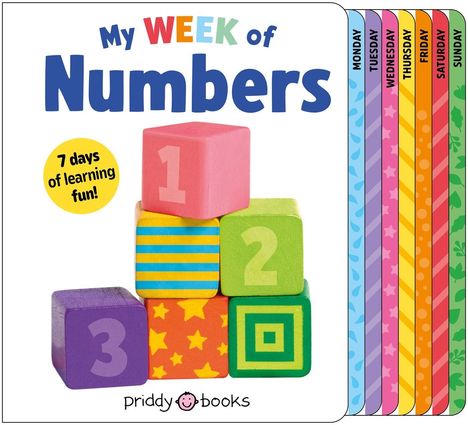"My WEEK of Numbers", "7 days of learning fun!". Bunte Blöcke mit Zahlen. Sieben bunte Seiten mit Wochentagen.