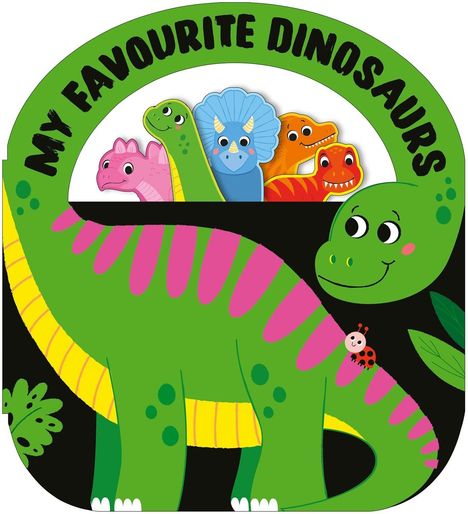 Text: "My Favourite Dinosaurs". Illustration von fünf bunten, lächelnden Dinosauriern mit einem grünen Hauptdinosaurier im Vordergrund.