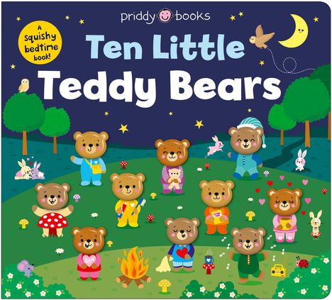 "Ten Little Teddy Bears" steht in der Mitte. Zehn Teddybären in bunten Kleidern vor einem Nachthimmel mit Mond und Sternen.