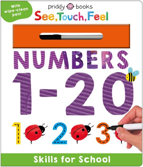 "Numbers 1-20", "Skills for School", "See, Touch, Feel". Mit einem Stift, Marienkäfer und Biene als Dekoration.