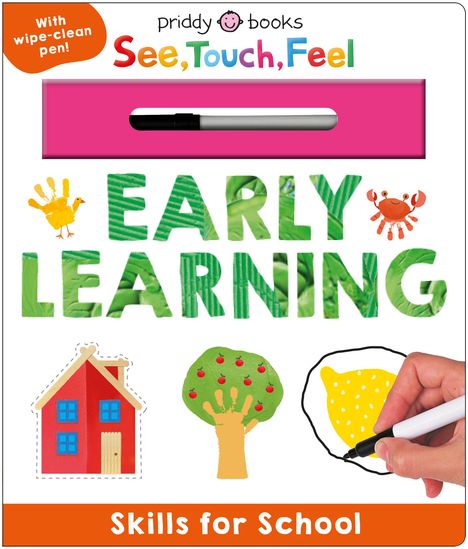 „EARLY LEARNING“, „Skills for School“, „See, Touch, Feel“. Bunte Elemente: Haus, Baum, Hand, Zitrone, Krabbe. Enthält Stift.