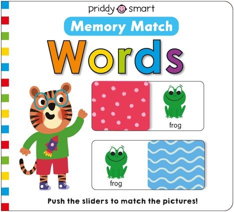 "Memory Match Words" und "Push the sliders to match the pictures!" Ein Cartoon-Tiger trägt ein grünes Shirt und rote Shorts.