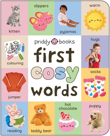 "first cosy words" in der Mitte. Umgeben von Bildern von Katzen, Pantoffeln, Pyjamas, Sonne, Strümpfen und mehr.