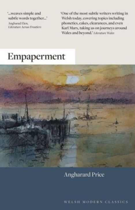 Texte: „Empapernment“, „Angharard Price“. Unten Aquarellszene: Landschaft mit Wasser und Sonnenuntergang.
