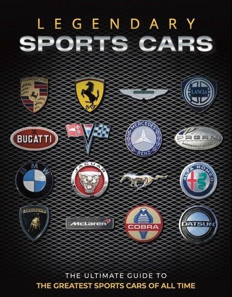 LEGENDARY SPORTS CARS. Logos von Automarken wie Ferrari, Bugatti, BMW und Mercedes-Benz auf schwarzem Hintergrund.