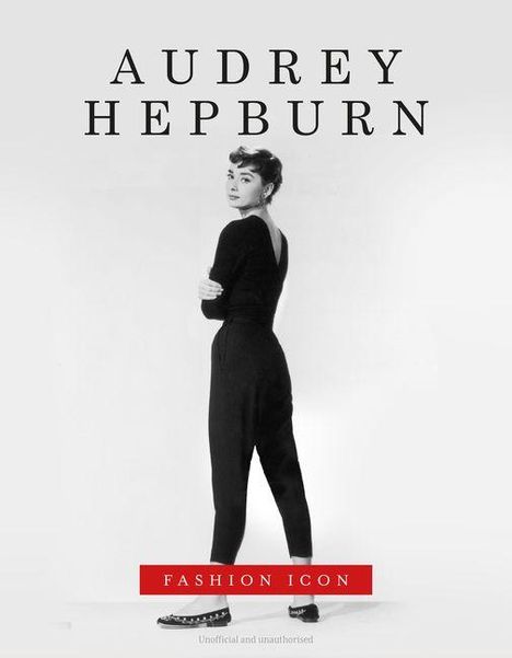 „AUDREY HEPBURN“ und „FASHION ICON“ sind zu lesen. Eine Frau steht elegant in einem schwarzen Outfit retro-modisch.
