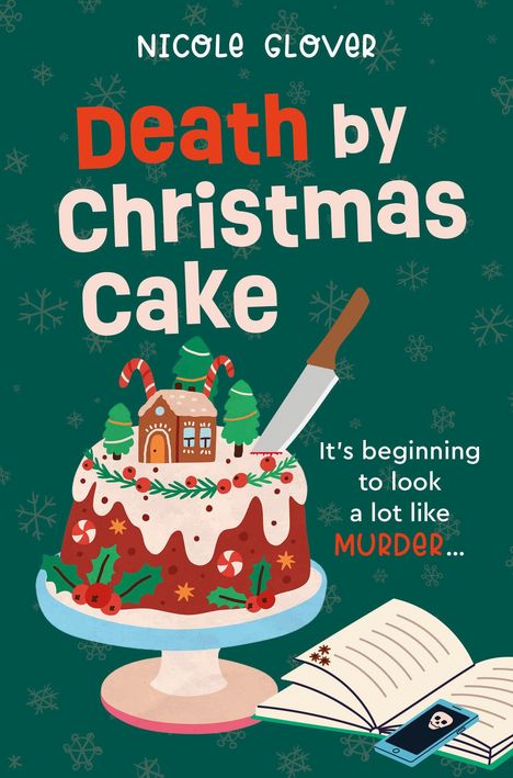 Titel: Death by Christmas Cake. Text: "It's beginning to look a lot like murder..." Illustration: Ein Kuchen mit einem Messer.