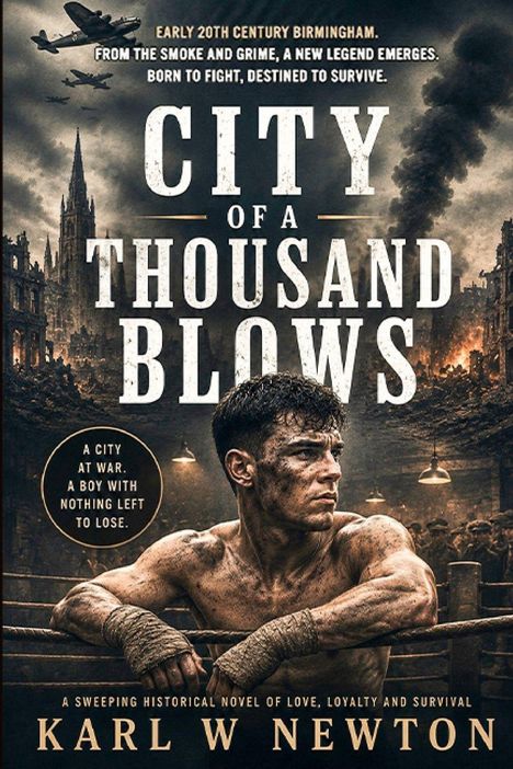 Titel: "City of a Thousand Blows". Ein entschlossener Boxer in zerstörter Stadtlandschaft mit Flugzeugen und Rauch.