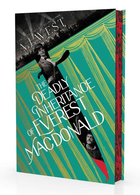 "The Deadly Inheritance of Everest MacDonald" in weißen Buchstaben, stilisierte Figuren und grüne Hintergrundmuster.