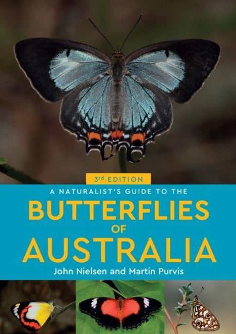 Text: "3rd Edition. A Naturalist’s Guide to the Butterflies of Australia. John Nielsen and Martin Purvis."  
Großer, leuchtender Schmetterling im Zentrum.