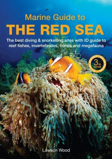 „Marine Guide to THE RED SEA“; „The best diving & snorkelling sites...“; Zwei Clownfische in einer Seeanemone unter Wasser.