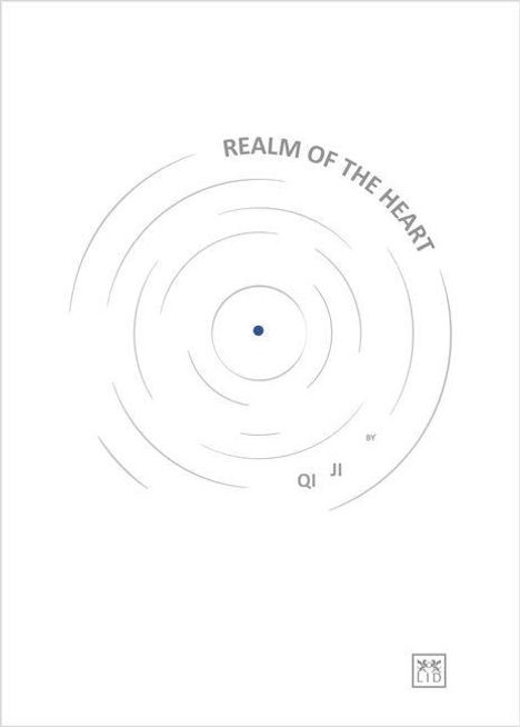 Text: "REALM OF THE HEART" und "BY QI JI". Kreisförmig angeordnete Linien um einen blauen Punkt. Unten ein kleines quadratisches Logo.