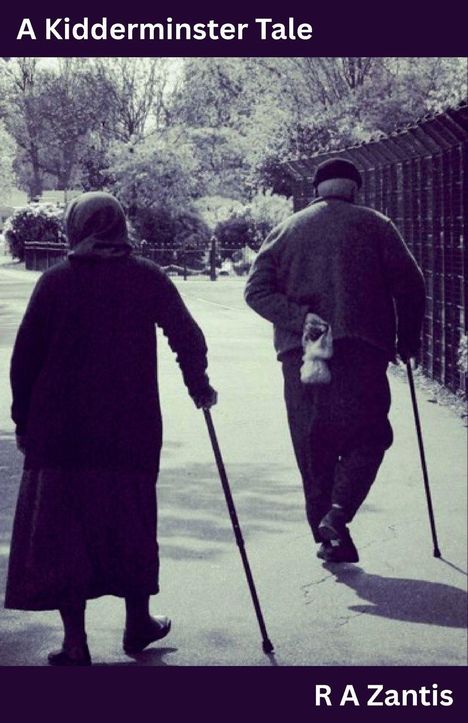 "A Kidderminster Tale" und "R A Zantis" in Weiß oben und unten. Zwei ältere Personen mit Stöcken gehen einen Weg entlang.