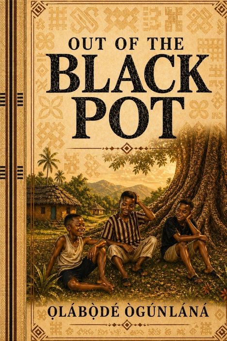 „OUT OF THE BLACK POT“ oben, „OLÁBÒDÉ ÒGÚNLÁNÁ“ unten. Drei lachende Jungen unter einem großen Baum in einem Dorf.