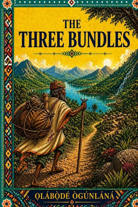 "The Three Bundles" und "Olábòdé Ògúnlàná" sind auf einer farbenfrohen Illustration eines wandernden Mannes mit Stab und Bündeln.
