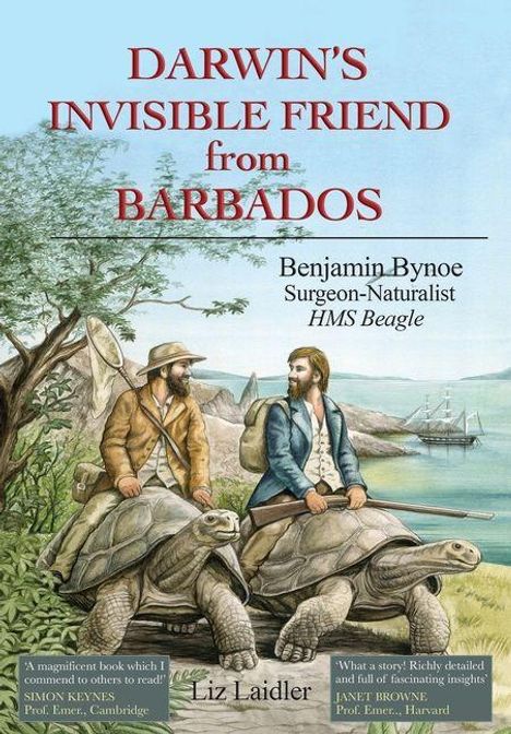 Buchtitel: DARWIN'S INVISIBLE FRIEND FROM BARBADOS. Zwei Männer reiten auf Schildkröten am Meer, ein Schiff im Hintergrund.