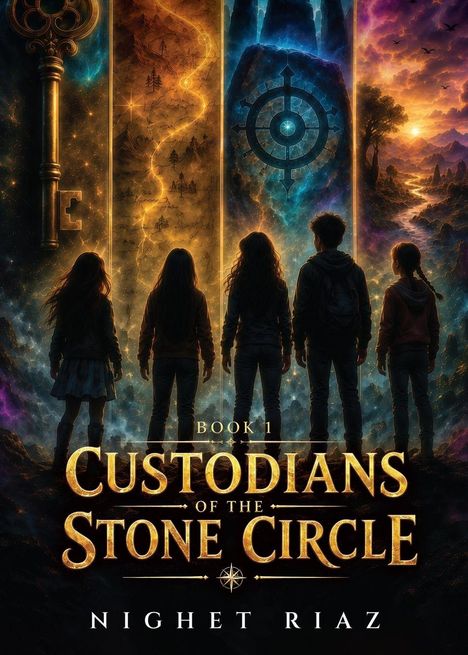 „BOOK 1: CUSTODIANS OF THE STONE CIRCLE“ von „NIGHET RIAZ“. Silhouetten von vier Personen vor magischer Landschaft.