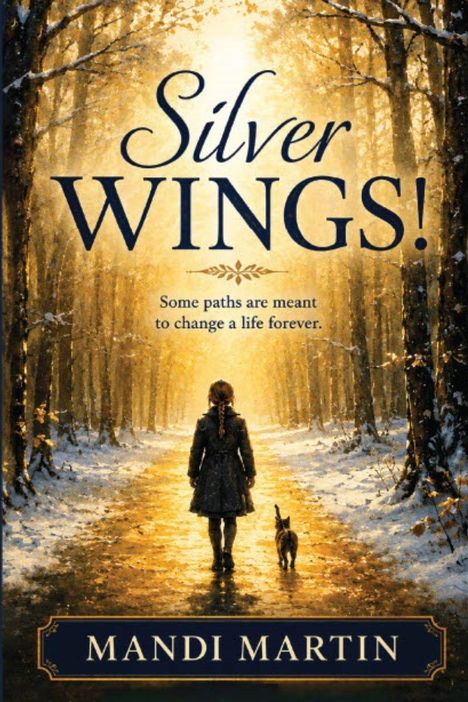 "Silver WINGS! Some paths are meant to change a life forever. MANDI MARTIN" Ein Mädchen und eine Katze auf einem Waldweg.