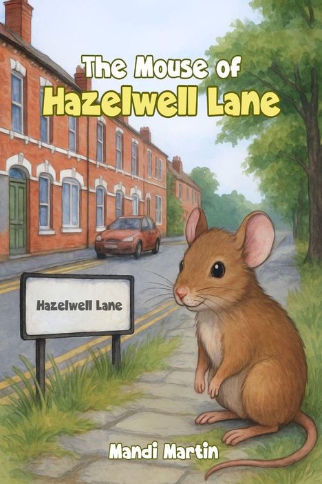 Illustration eines Mäuschens vor einer Straße mit Straßenschild "Hazelwell Lane" und Text "The Mouse of Hazelwell Lane".