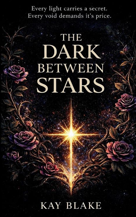"Every light carries a secret. Every void demands it's price. The Dark Between Stars. Kay Blake." Illustration mit Rosen und funkelndem Licht.