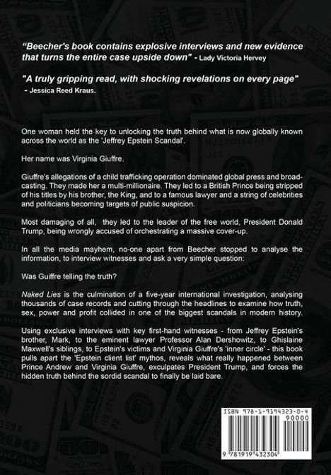 Das Bild zeigt einen Buchrückentext mit Zitaten zum Buchinhalt über den "Jeffrey Epstein Skandal".