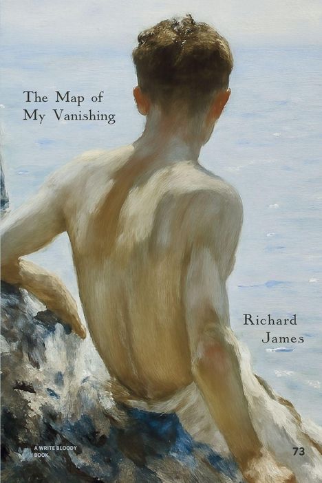 „The Map of My Vanishing. Richard James.“ Illustration eines nackten Mannes von hinten, sitzend an einem Felsen am Wasser.