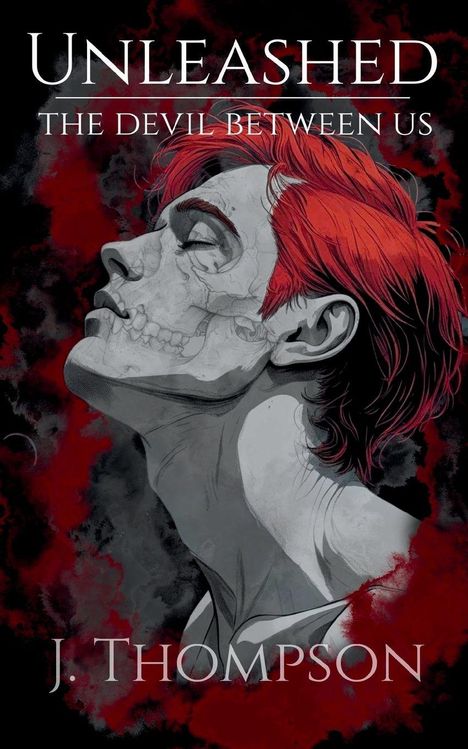 "UNLEASHED: THE DEVIL BETWEEN US" von J. Thompson, ein Gemälde eines Mannes mit roten Haaren und Schädelzeichnung.