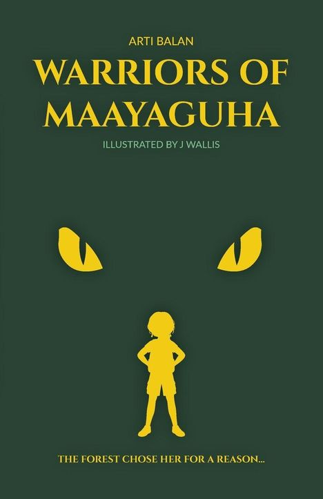 „Warriors of Maayaguha“ von Arti Balan, illustriert von J Wallis. Ein Kind steht vor gelben Augen.