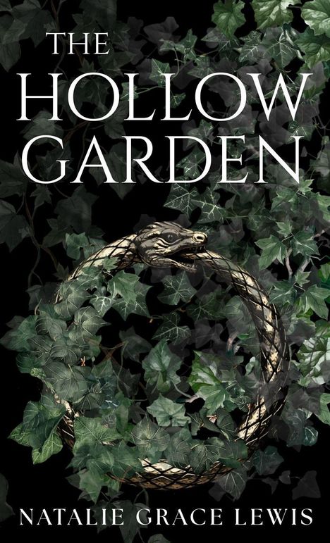„THE HOLLOW GARDEN“ und „NATALIE GRACE LEWIS“. Verschlungene Schlange umgeben von Efeublättern.