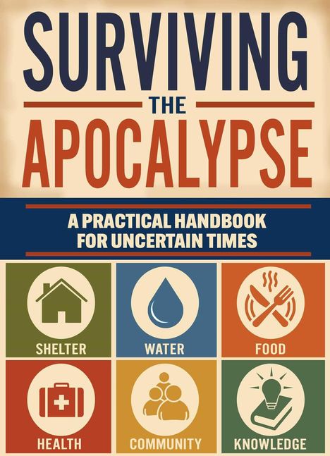 "Surviving the Apocalypse" Buchcover, bunte Symbole für Shelter, Water, Food, Health, Community, Knowledge.