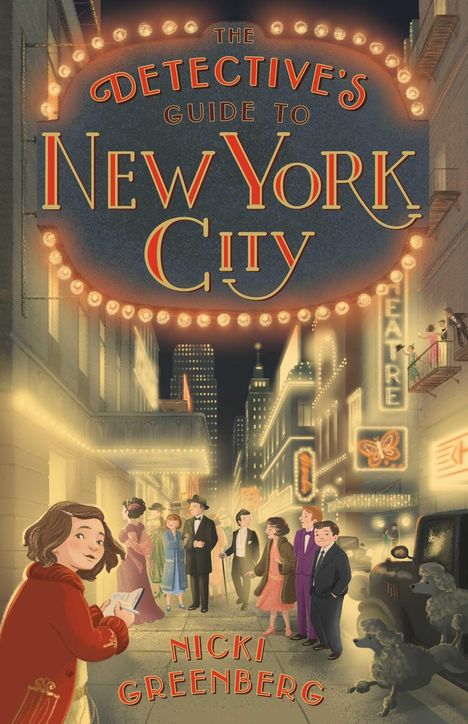 Illustration eines belebten New Yorker Theaterviertels mit Titel: "The Detective's Guide to New York City" und Autor "Nicki Greenberg".