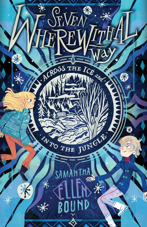 „Seven Wherewithal Way“, „Across the Ice and Into the Jungle“, „Samantha Ellen Bound“. Bunte Figuren in winterlicher Landschaft.