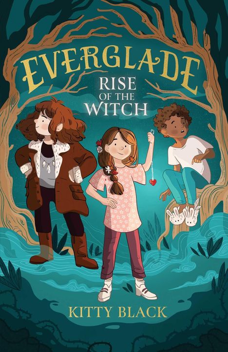 "EVERGLADE: RISE OF THE WITCH" und "KITTY BLACK" mit drei Kinderfiguren in einem mystischen Wald, Illustration.