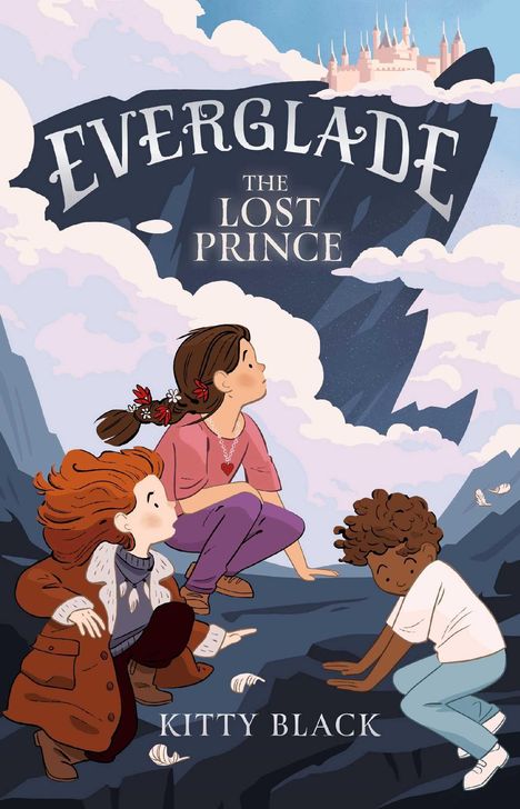 „Everglade: The Lost Prince“ und „Kitty Black“. Illustration: Drei Kinder auf einem Felsen mit Schloss im Hintergrund.