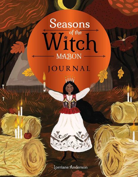 „Seasons of the Witch: Mabon Journal“. Illustration: Frau in Tracht mit Kerzen und Heuballen in herbstlicher Landschaft.