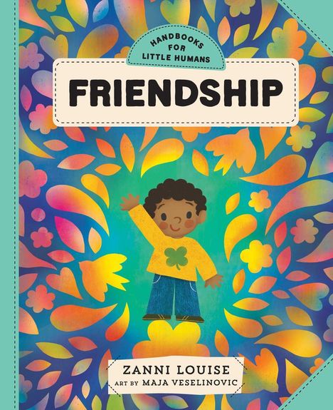 „FRIENDSHIP“ auf buntem Hintergrund, ein fröhliches Kind in gelbem Oberteil, umgeben von farbigen Blattformen.